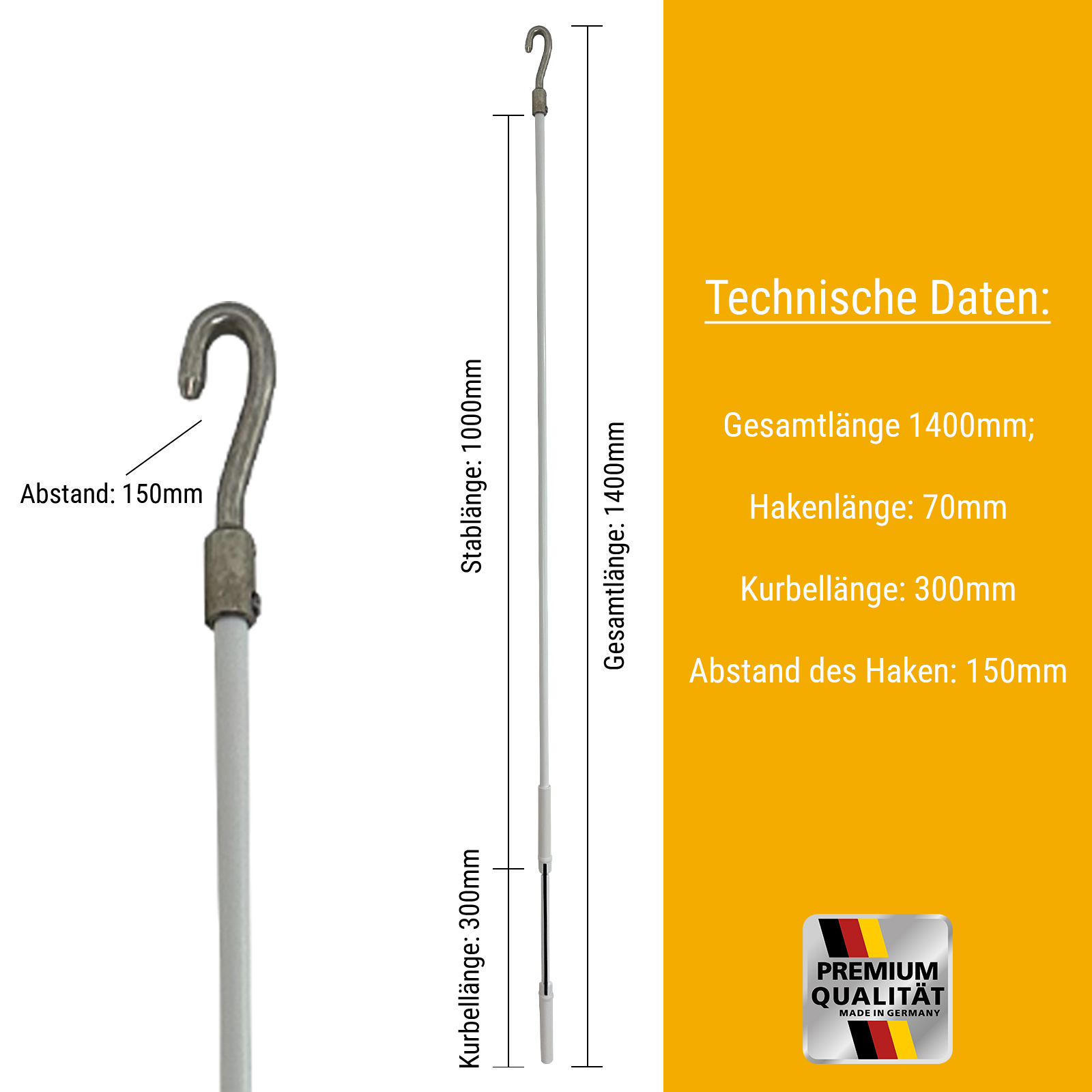 Handkurbel mit Haken, Länge 1400 mm, weiß, für Rollladen und Markisen